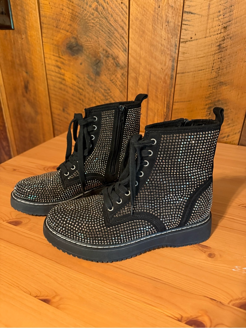 Madden Girl Kurrt Rhinestone Combat Boots Black Bling Festival Grunge Rave 7.5